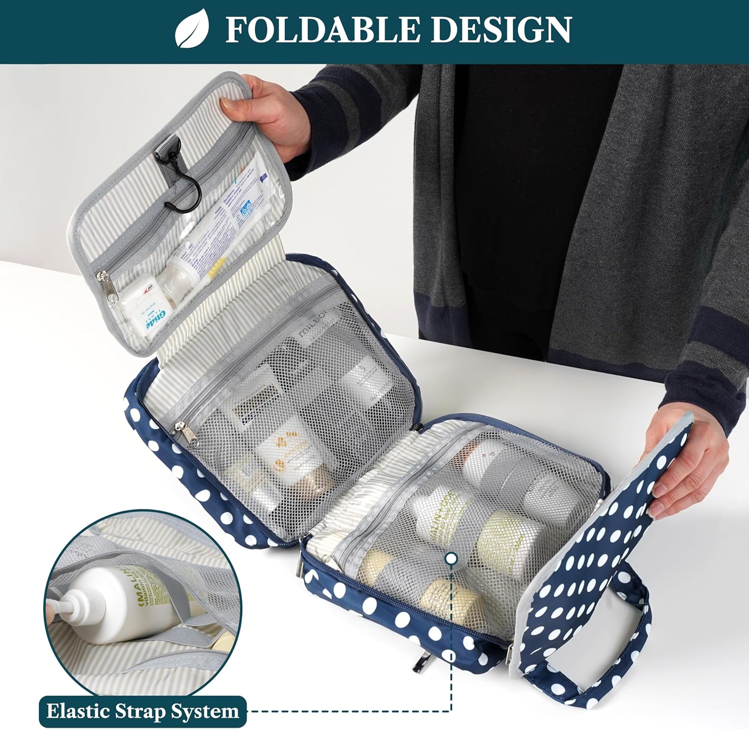 PAVILIA Hanging Toiletry Bag Travel Bag Women Men, Foldable Cosmetic Organizer, Roll up Makeup Bag, Water Resistant Accessories Toiletries, Large Travel Essentials Kit (Navy Polka Dot)