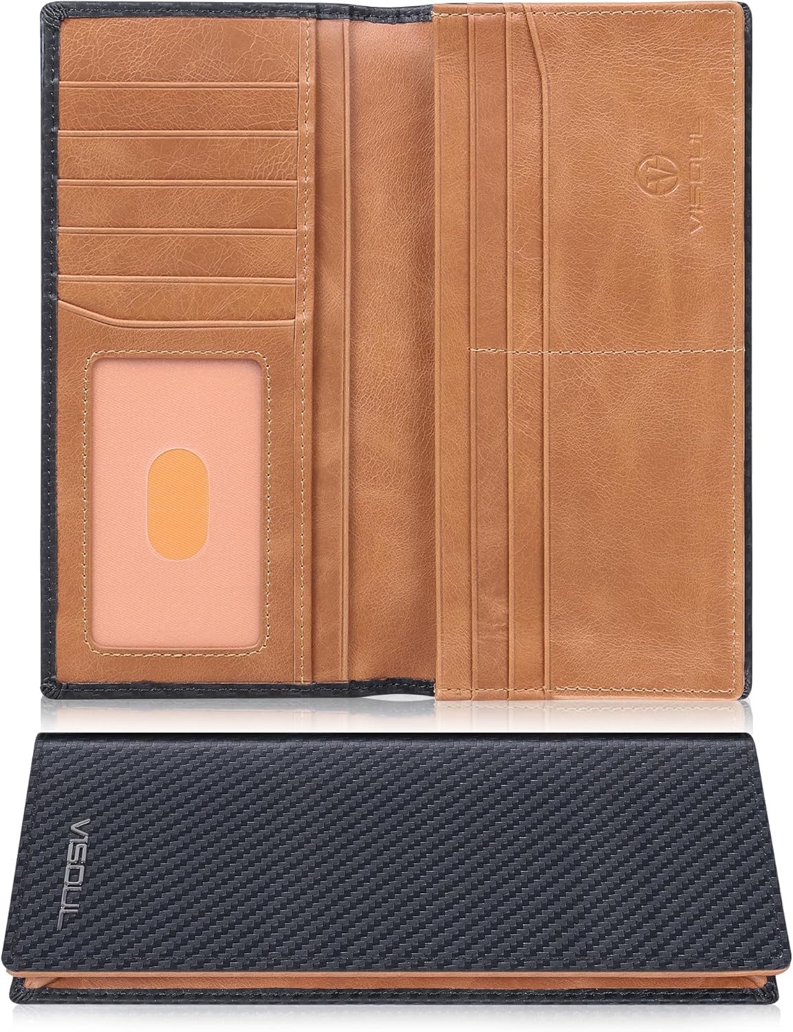 VISOUL Mens Large Long Leather Checkbook Bifold Wallet with RFID Blocking, Carbon Fiber Leather Tall Billfold Secretary Wallets for men (Black+Tan)