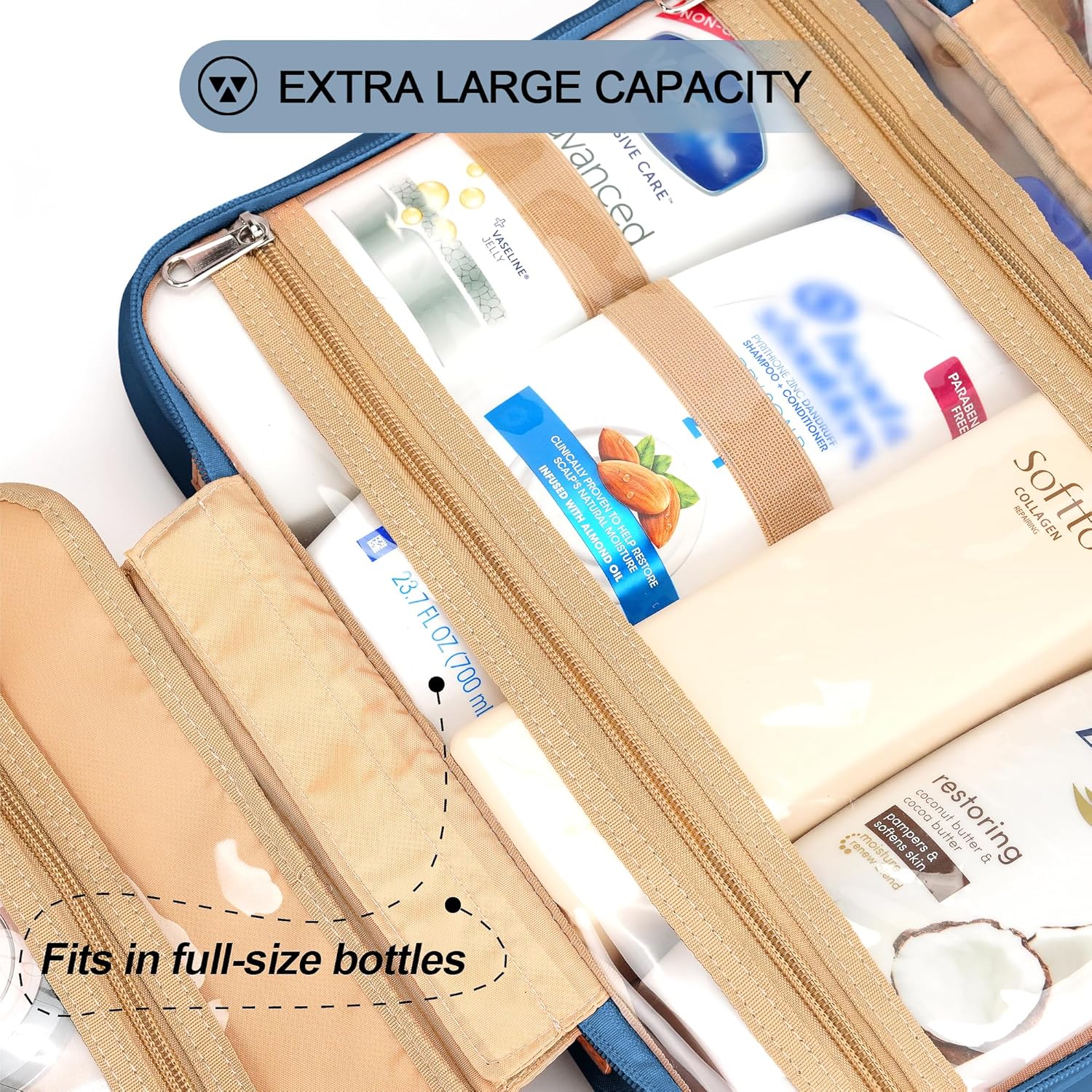 Travel Hanging Toiletry Bag for Women, Large Makeup Bag 8 Leak Proofing Silicone Bottle Covers, Waterproof Cosmetic Bag with Jewelry Organizer Compartment, Toiletries Kit Set, Navy Blue