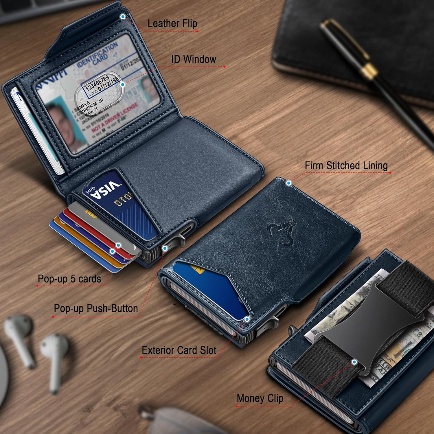 BULLIANT Men Wallet Gift Boxed,Slim Front Pocket Wallet Money Clip Card Holder 3.8"x2.7",Pop-up Access