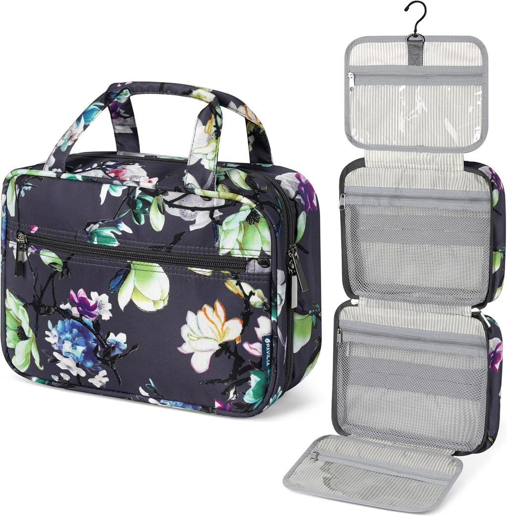 PAVILIA Hanging Toiletry Bag Travel Bag Women Men, Foldable Cosmetic Organizer, Roll up Makeup Bag, Water Resistant Accessories Toiletries, Large Travel Essentials Kit (Grey Floral)