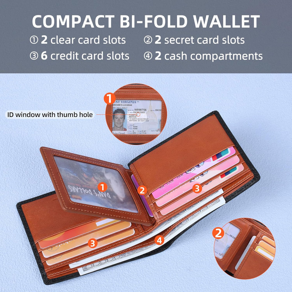 VISOUL Mens Bifold Wallet with 2 ID Windows Carbon Fiber Leather, RFID Blocking Wallet with 2 Money Compartments, Stylish Two-tone Back Pocket Wallet for Men (Black+Orange)