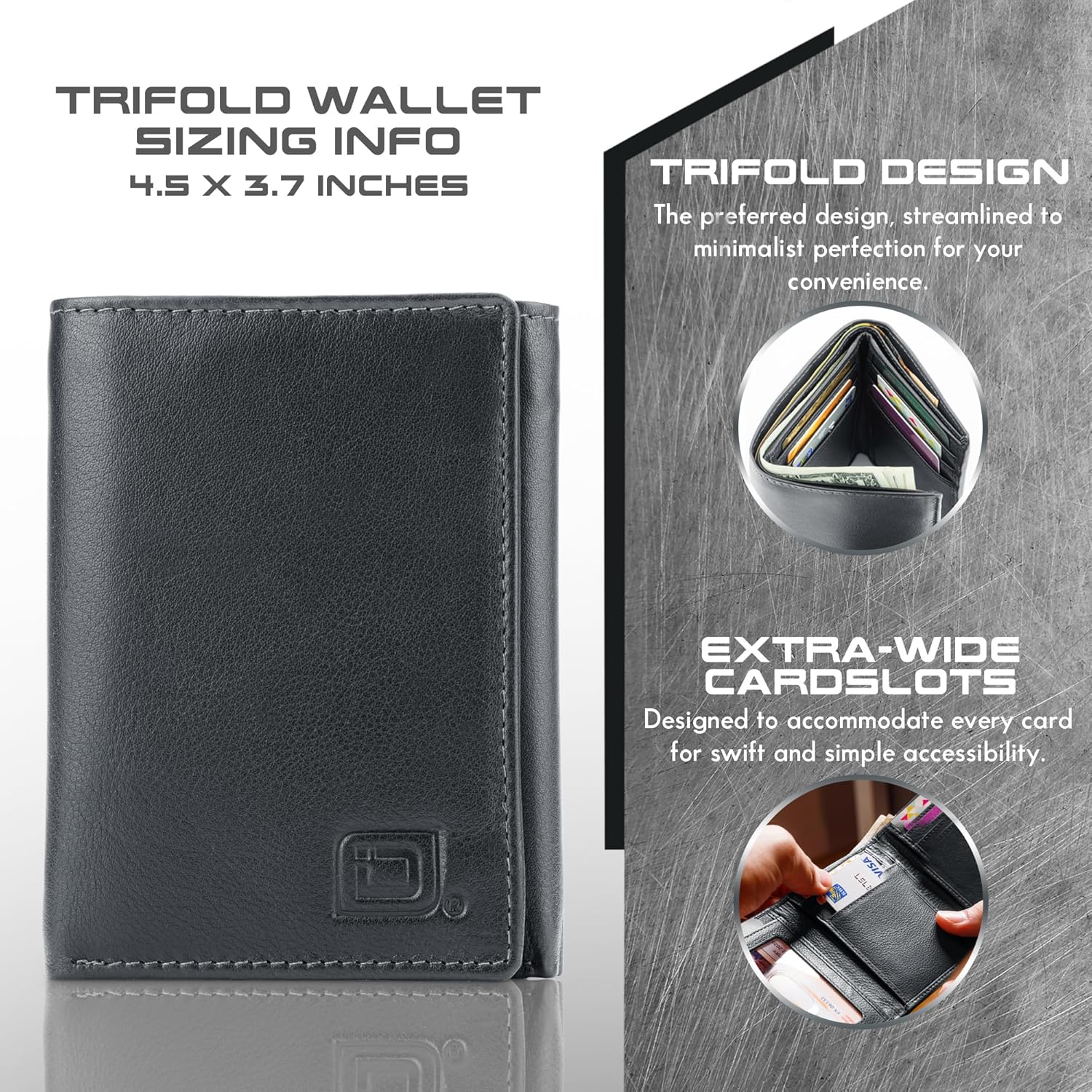 ID Stronghold Men's Leather Trifold Wallet - RFID Blocking - Black Wallet with Gift Box