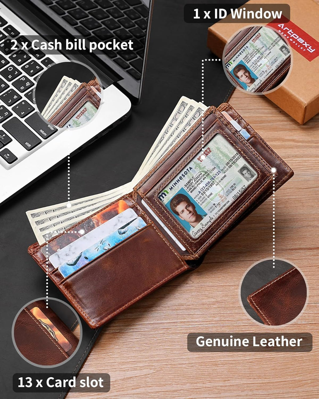 Mens Wallet Bifold Genuine Leather RFID Blocking Wallet for Men with 1 ID Windows 13 Card Holders 2 cash pockets 1 Gift Box