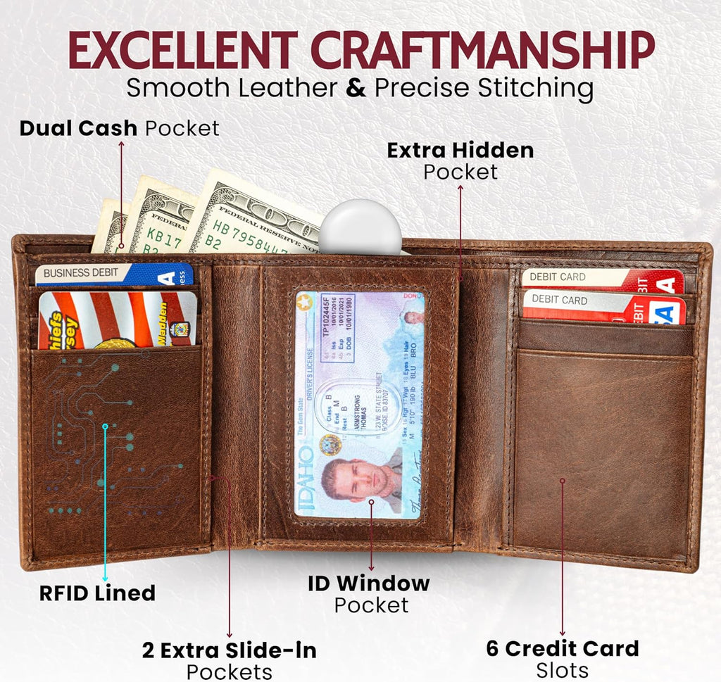BULL GUARD Leather Trifold Wallets For Men In Grizzly Brown with ID and RFID Blocking Great For Work, Sports, Outdoors, No Logo Design
