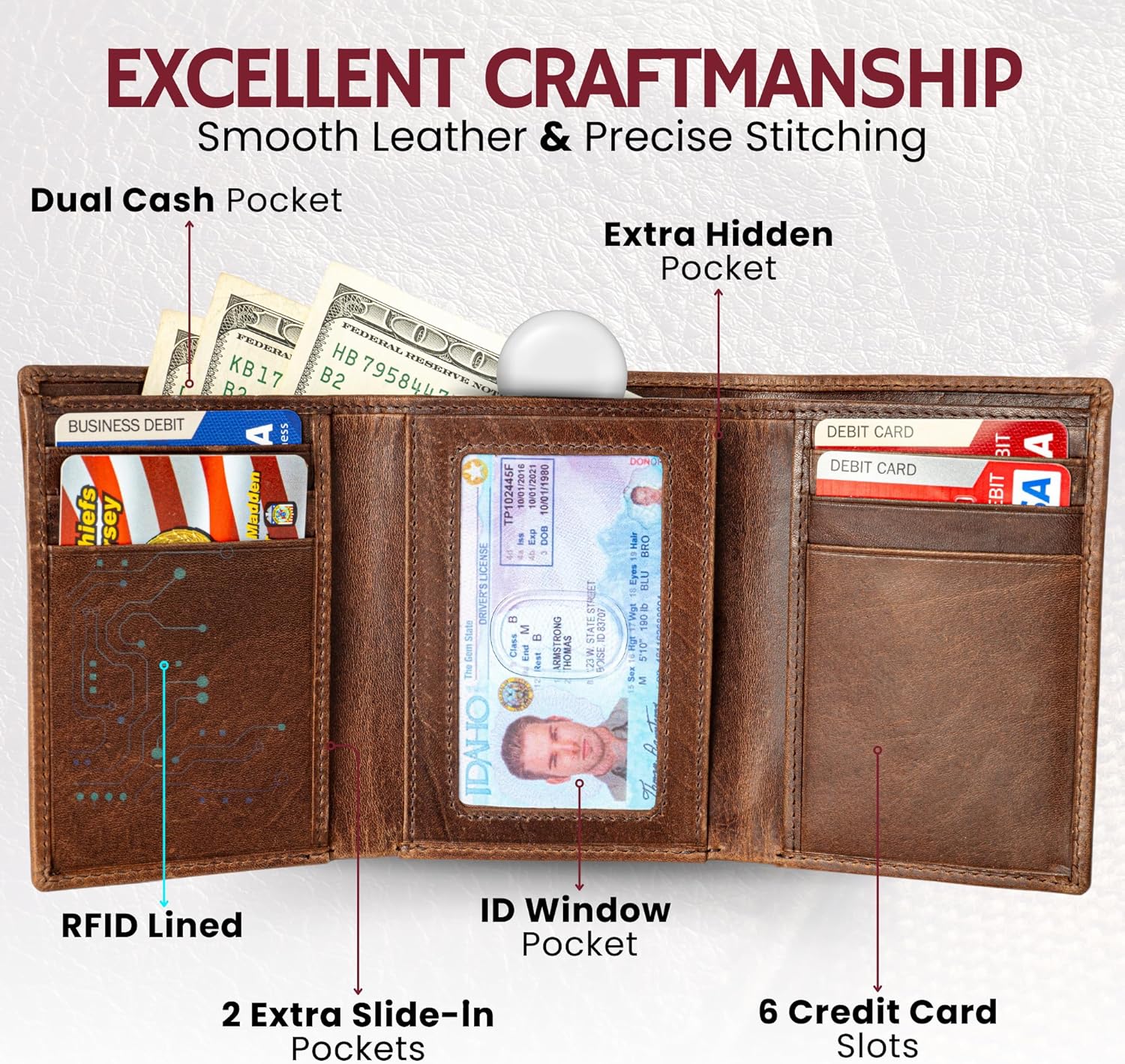 BULL GUARD Leather Trifold Wallets For Men In Grizzly Brown with ID and RFID Blocking Great For Work, Sports, Outdoors, No Logo Design