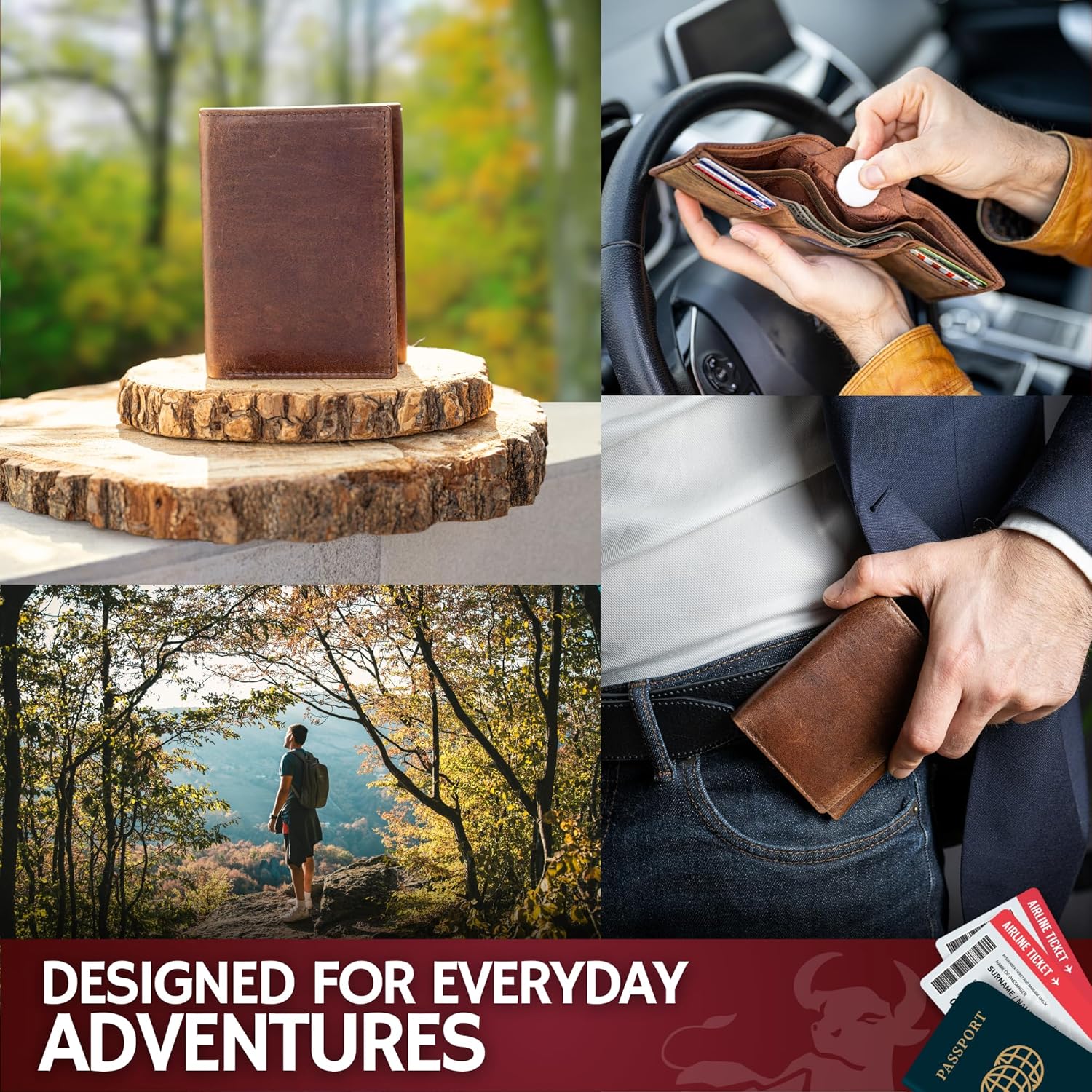 BULL GUARD Leather Trifold Wallets For Men In Grizzly Brown with ID and RFID Blocking Great For Work, Sports, Outdoors, No Logo Design