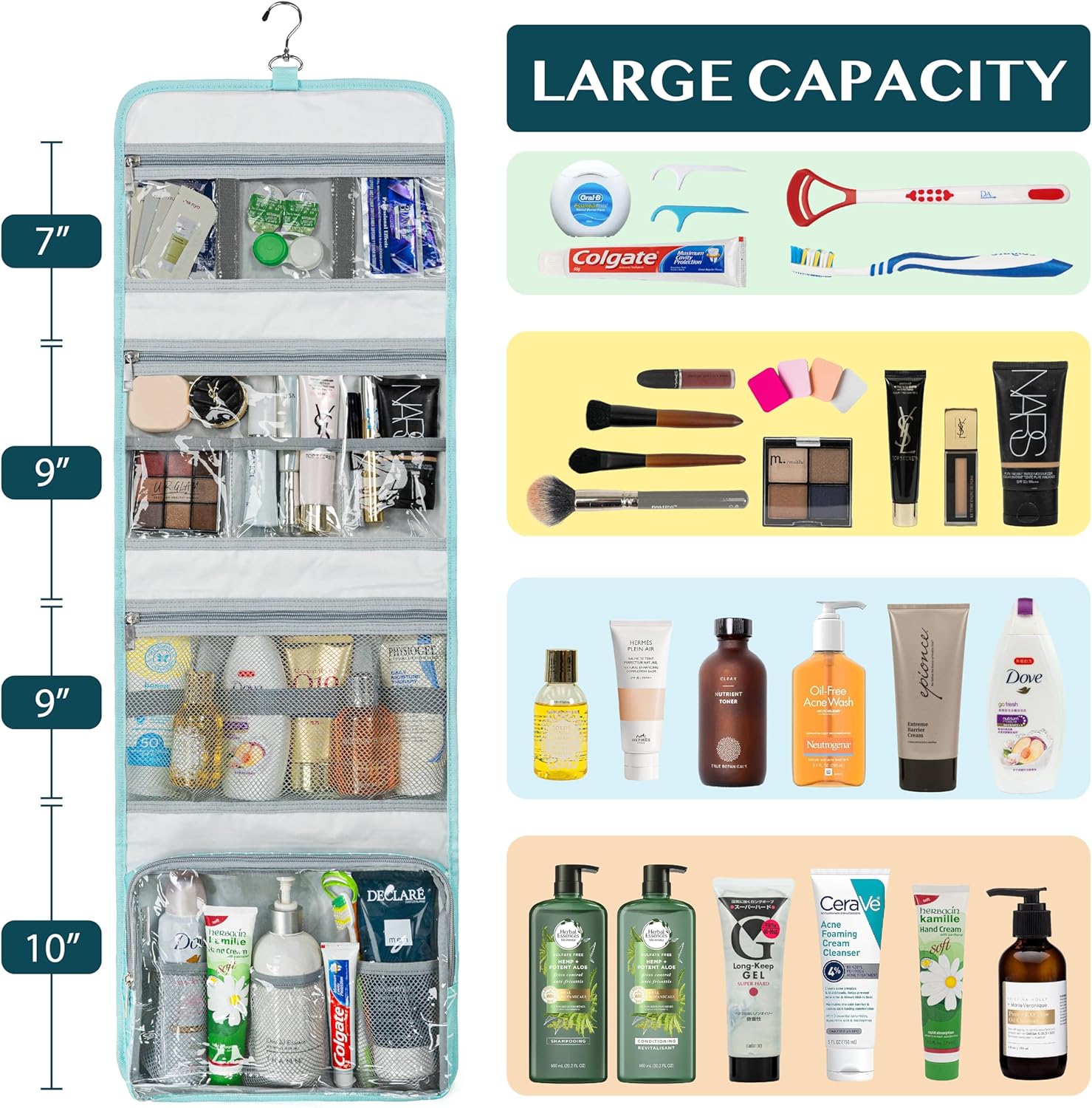 PAVILIA Travel Hanging Toiletry Bag for Women Men, Large Capacity Makeup Bag Kit, Waterproof Cosmetic Storage Organizer Case for Bathroom Shower, Black