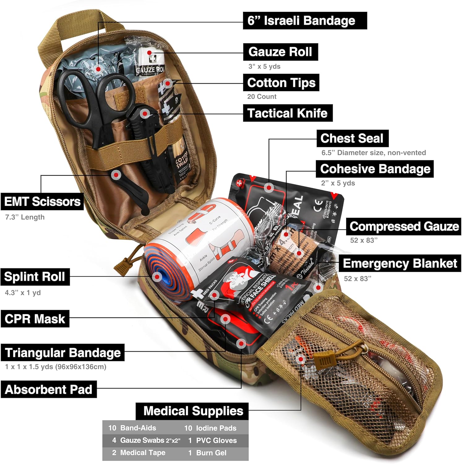 Survival First Aid Kit with Israeli Bandage, Splint, Chest Seal, Tactical Military Combat Molle IFAK for Wound Care, Bleeding Control, Trauma Hemorrhage and More