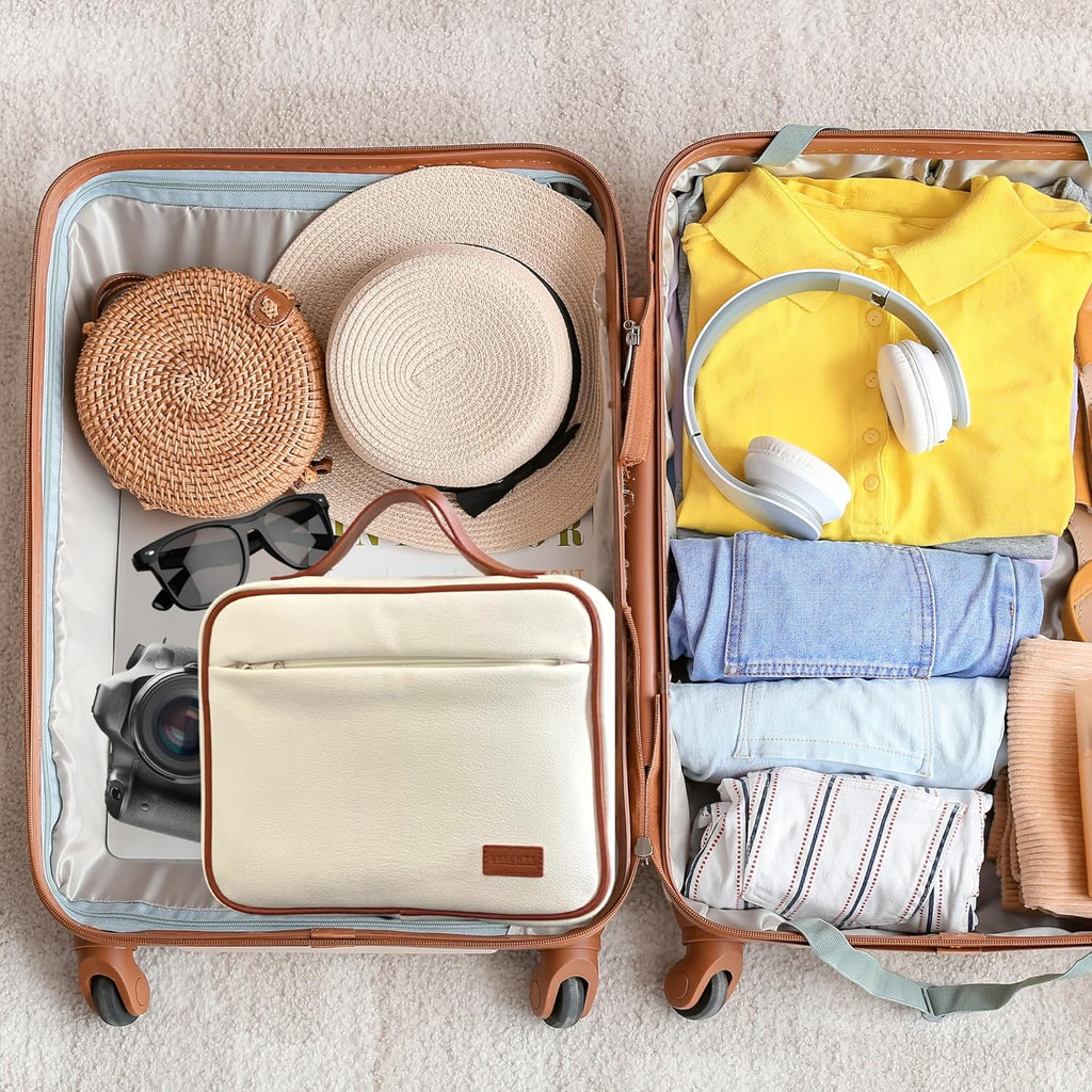 ESSENTE Women's Travel Toiletry Bag with Removable Pouch and Hanging Hook - Water Resistant Makeup Cosmetic Oraganizer with Multiple Compartments for Accessories (OFF WHITE FAUX LEATHER)