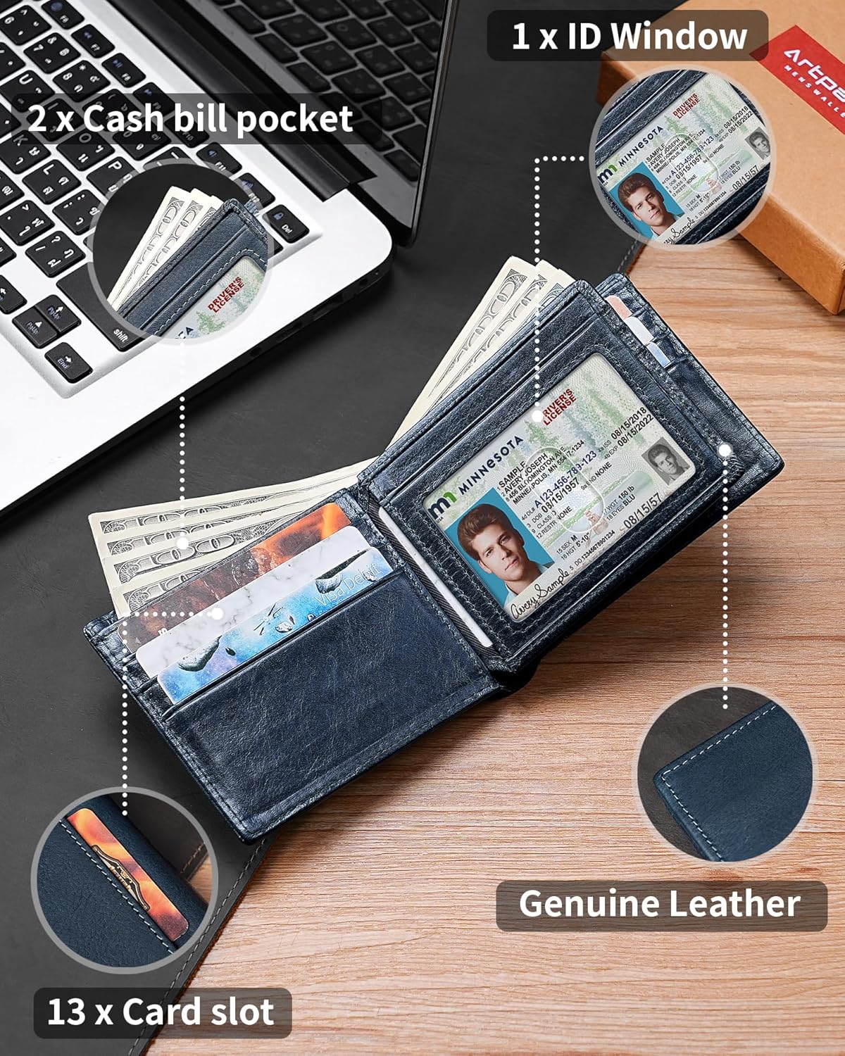 Mens Wallet Bifold Genuine Leather RFID Blocking Wallet for Men with 1 ID Windows 13 Card Holders 2 cash pockets 1 Gift Box