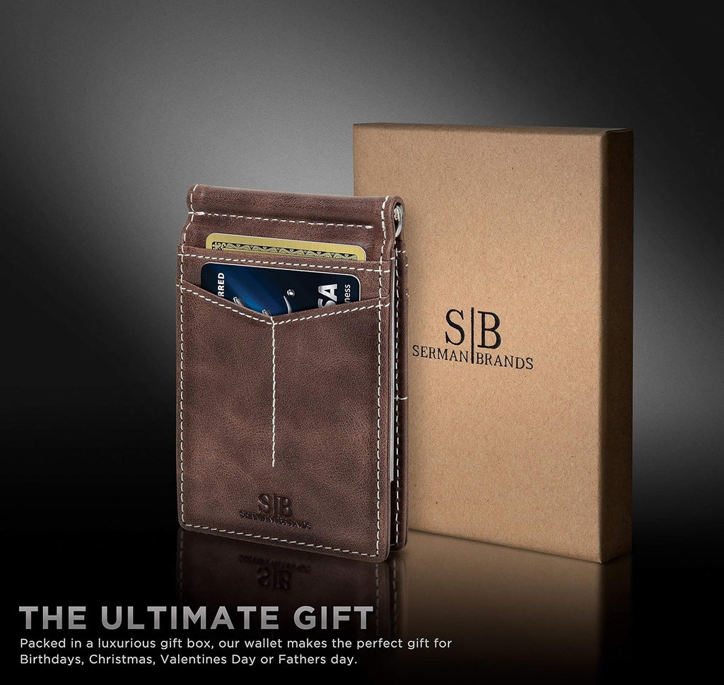 SERMAN BRANDS RFID Blocking Wallet Slim Bifold - Genuine Leather Minimalist Front Pocket Wallets for Men with Money Clip Gift
