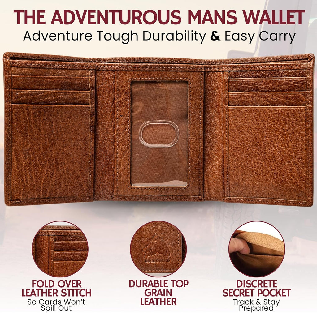 BULL GUARD Leather Trifold Wallets For Men with ID and RFID Blocking Great For Work, Sports, Outdoors