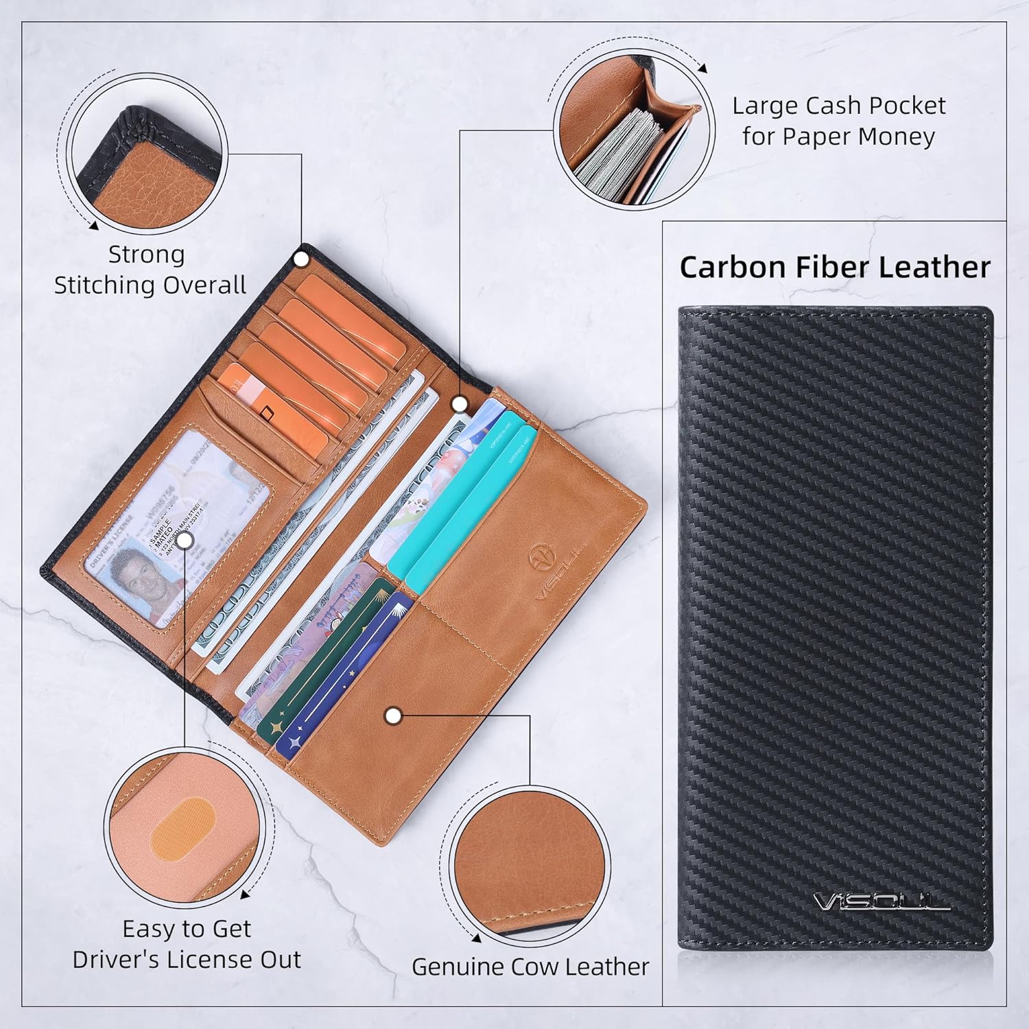 VISOUL Mens Large Long Leather Checkbook Bifold Wallet with RFID Blocking, Carbon Fiber Leather Tall Billfold Secretary Wallets for men (Black+Tan)