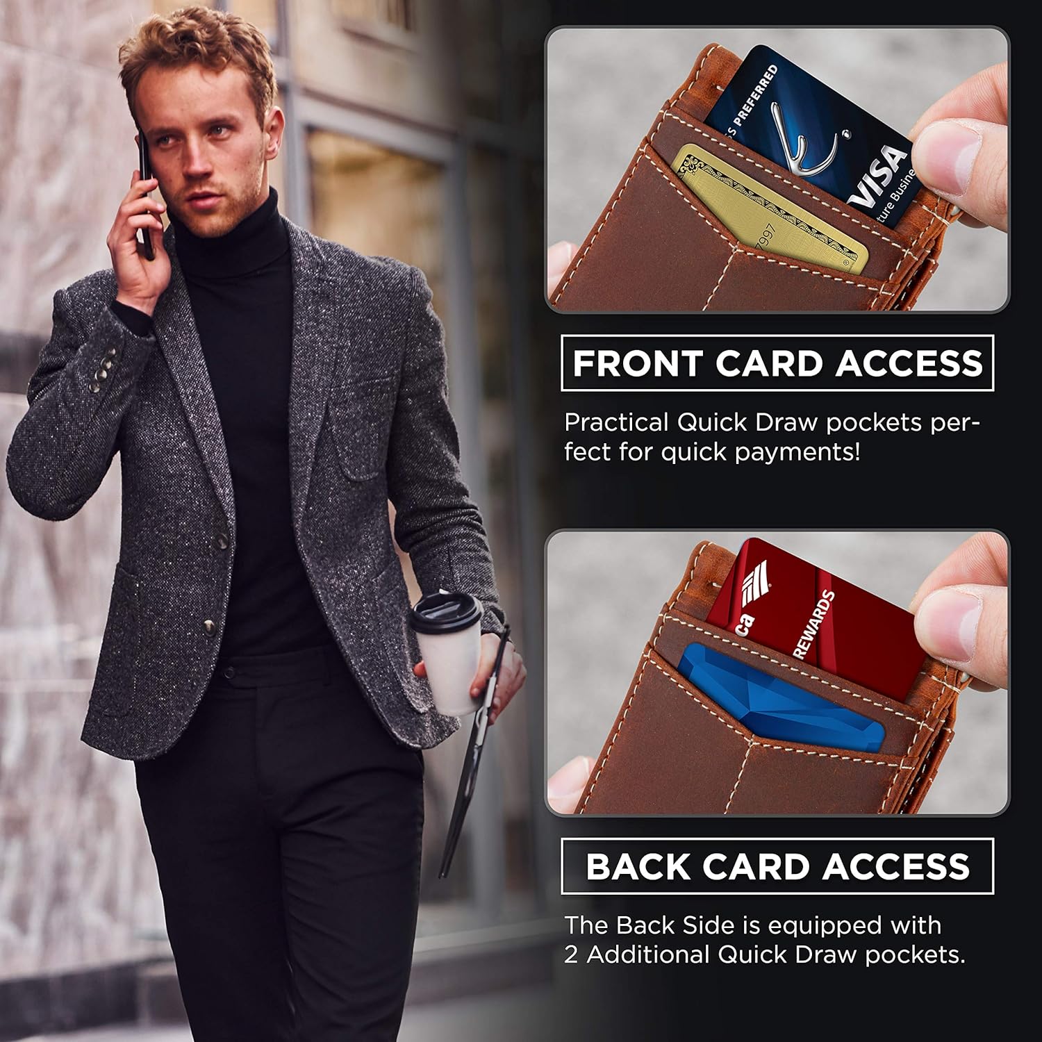 SERMAN BRANDS RFID Blocking Wallet Slim Bifold - Genuine Leather Minimalist Front Pocket Wallets for Men with Money Clip Gift