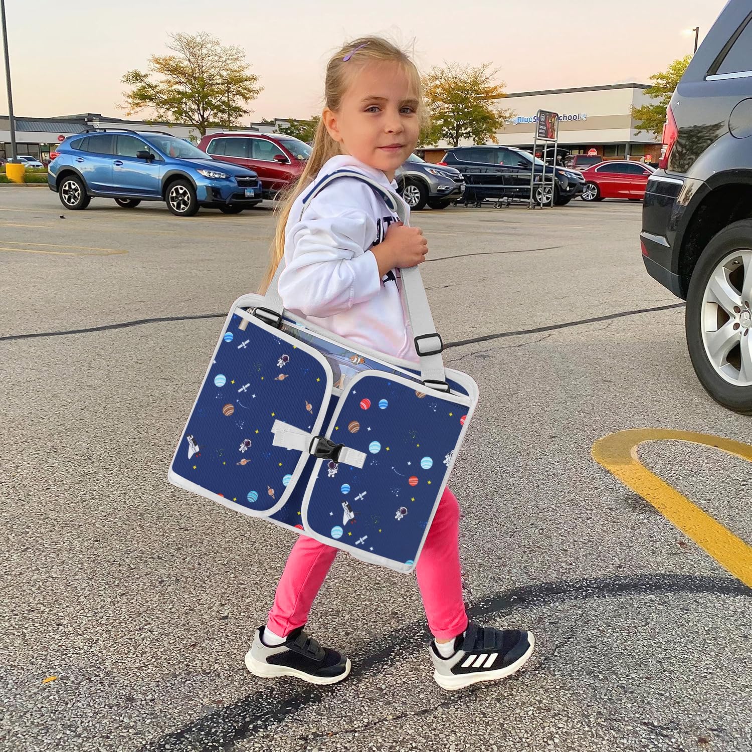 MENZOKE Car Seat Tray for Kids with Educational Drawing Board, Tablet Holder & Cooler Cup Holder, Essential for Car Travel & Airplane Trips, Space Pattern Design, Dark Blue