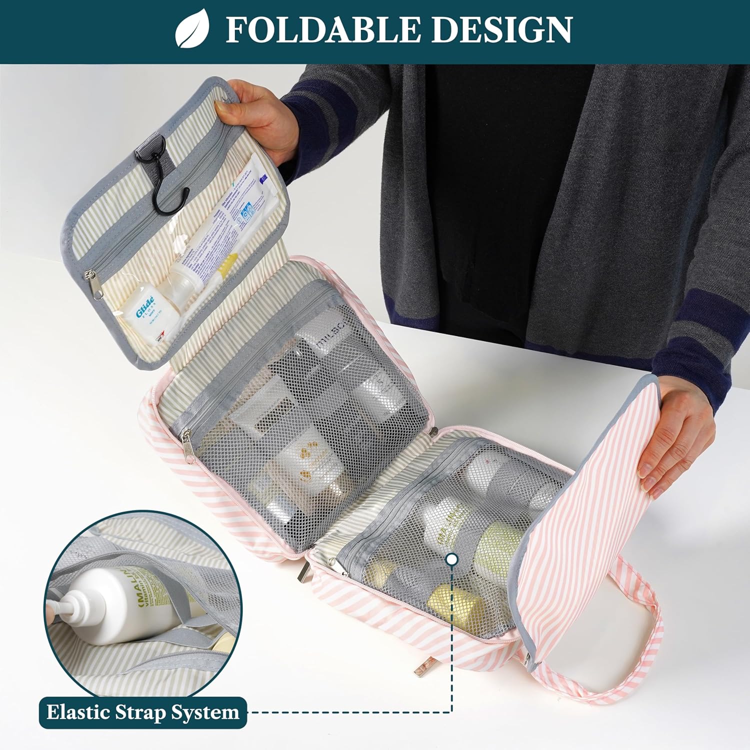 PAVILIA Hanging Toiletry Bag Travel Bag Women Men, Foldable Cosmetic Organizer, Roll up Makeup Bag, Water Resistant Accessories Toiletries, Large Travel Essentials Kit (Pink Stripe)