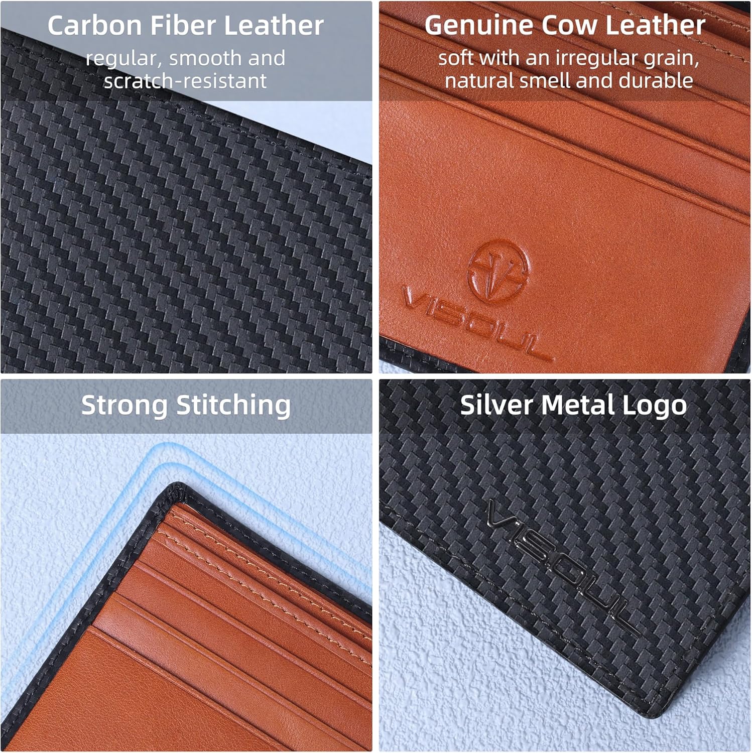 VISOUL Mens Bifold Wallet with 2 ID Windows Carbon Fiber Leather, RFID Blocking Wallet with 2 Money Compartments, Stylish Two-tone Back Pocket Wallet for Men (Black+Orange)
