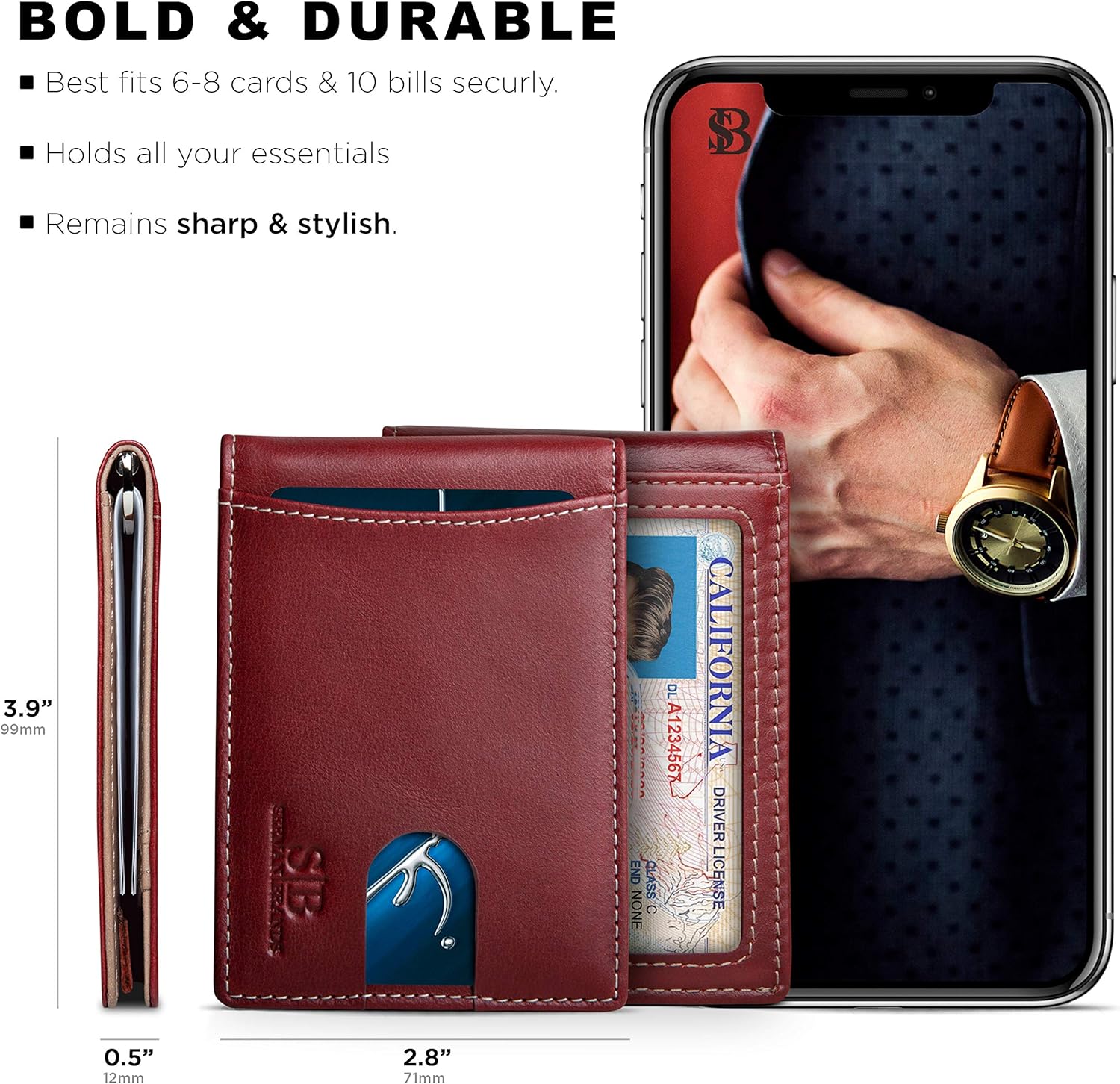 SERMAN BRANDS RFID Blocking Slim Bifold Genuine Leather Minimalist Front Pocket Wallets for Men with Money Clip Thin Gift