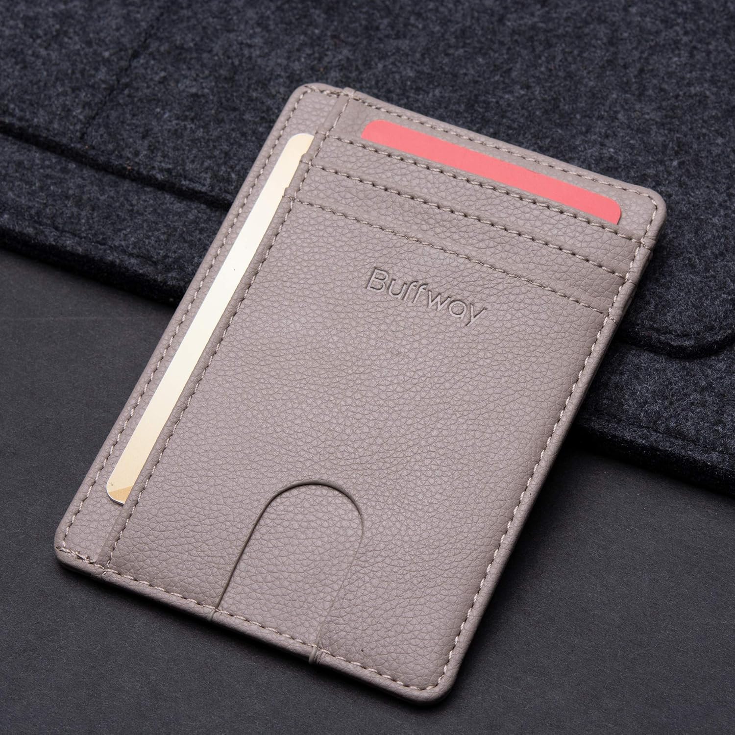 Buffway Slim Minimalist Front Pocket RFID Blocking Leather Wallets for Men and Women - Lichee Khaki