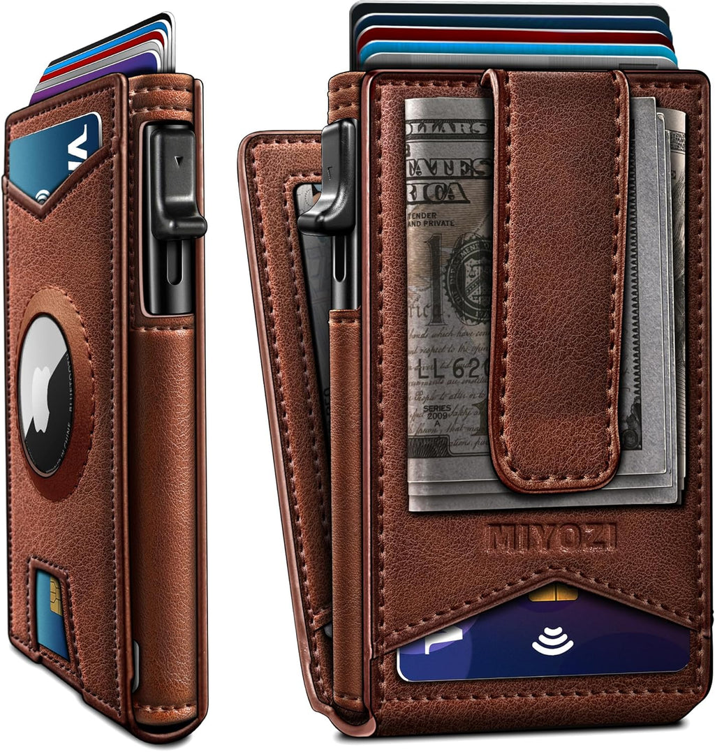 Airtag Wallet for Men,with Money Clip Gift Boxed,Slim Front Pocket Wallet RFID Blocking Metal Case Smart Pop-up Credit Card Holder in Magnetic Leather Flip