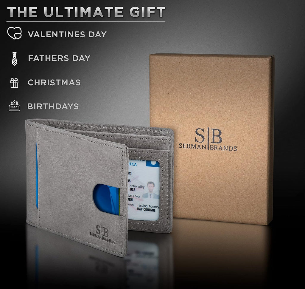 SERMAN BRANDS RFID Blocking Slim Bifold Genuine Leather Thin Minimalist Front Pocket Wallets for Men Billfold Wallet Men Gift