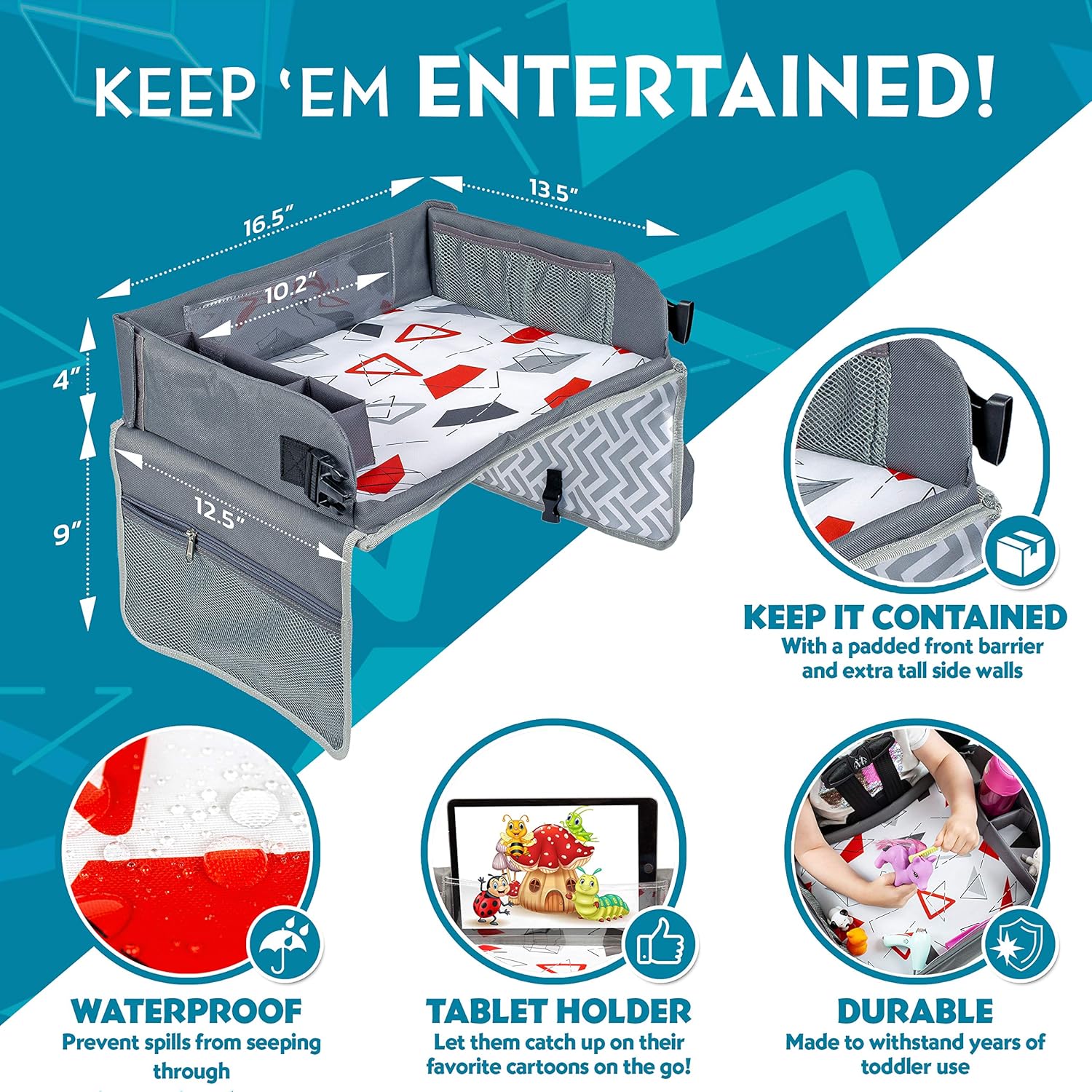 Kenley Kids Travel Tray, Toddler Car Seat Lap Tray, Road Trip Essentials Activity Table (Red/Gray)