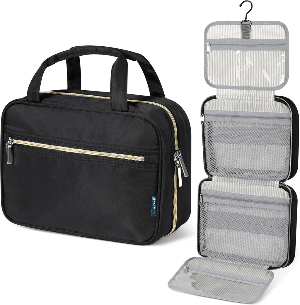 PAVILIA Hanging Toiletry Bag Travel Bag Women Men, Foldable Cosmetic Organizer, Roll up Makeup Bag, Water Resistant Accessories Toiletries, Large Travel Essentials Kit (Black Gold)