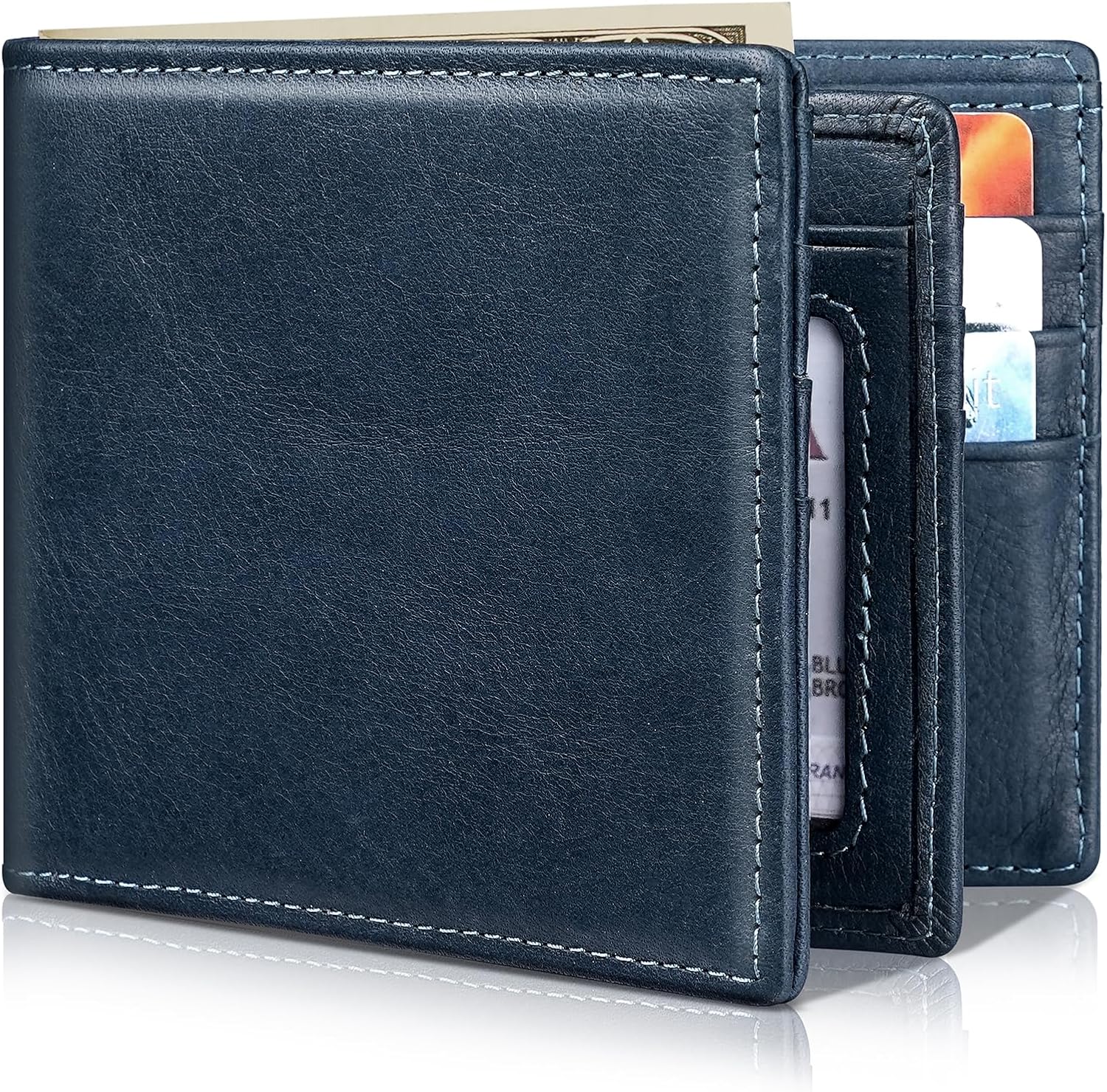 Mens Wallet Bifold Genuine Leather RFID Blocking Wallet for Men with 1 ID Windows 13 Card Holders 2 cash pockets 1 Gift Box