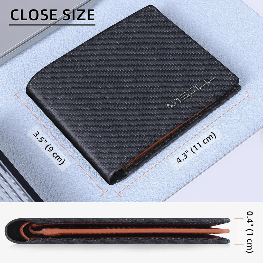 VISOUL Mens Bifold Wallet with 2 ID Windows Carbon Fiber Leather, RFID Blocking Wallet with 2 Money Compartments, Stylish Two-tone Back Pocket Wallet for Men (Black+Orange)