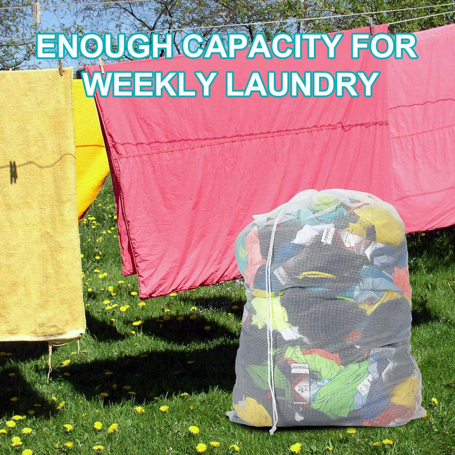 Laundry Bags, Mesh Heavy Duty 24" x 36" with Drawstring Closure, 3-Pack, White